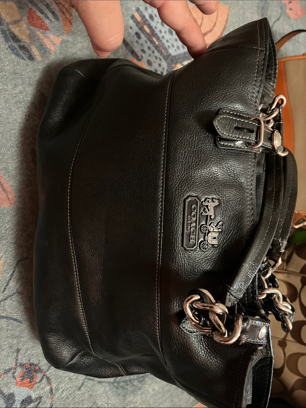 Coach Black Leather Shoulder Bag with Silver Chain Accents